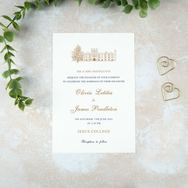 Jesus College, Cambridge Wedding Invitation, Wedding Venue Illustration