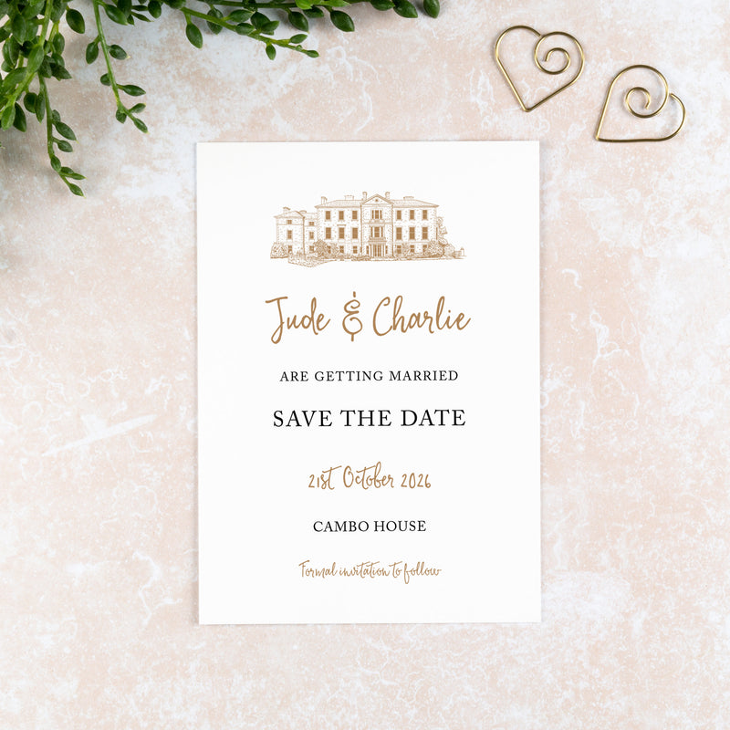 Cambo House, Save the Date Card, Wedding Venue Illustration