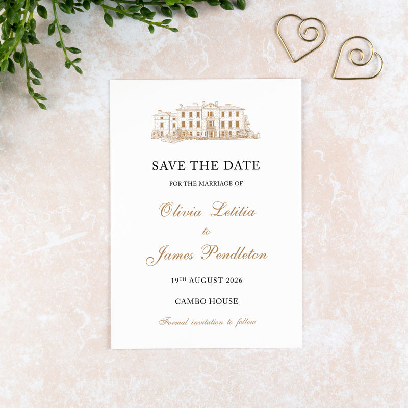 Cambo House, Save the Date Card, Wedding Venue Illustration