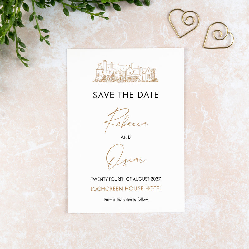 Lochgreen House Hotel, Save the Date Card, Wedding Venue Illustration