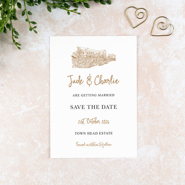 The Town Head Estate, Save the Date Card, Wedding Venue Illustration